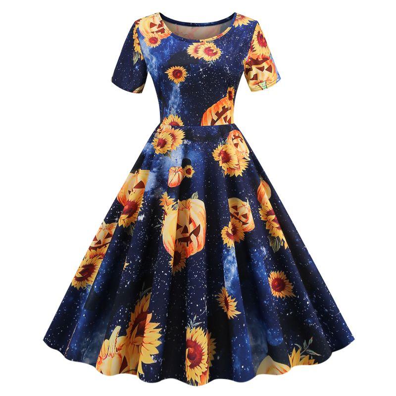 

Fashion Style New Arrival Women s Halloween Party Ball Short Sleeve Dress round Neck Print High Waist Pullover A- line Skirt 6197 S