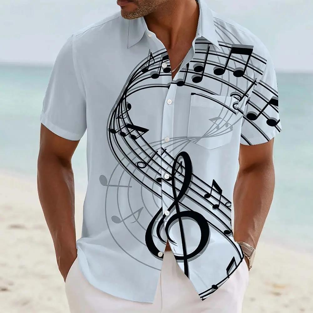Camicie Grafiche con Note Musicali alla Moda da Uomo Estate Casual Manica Corta Stampa 3D Camicia Larga Traspirante Bottone Musicista Camicetta