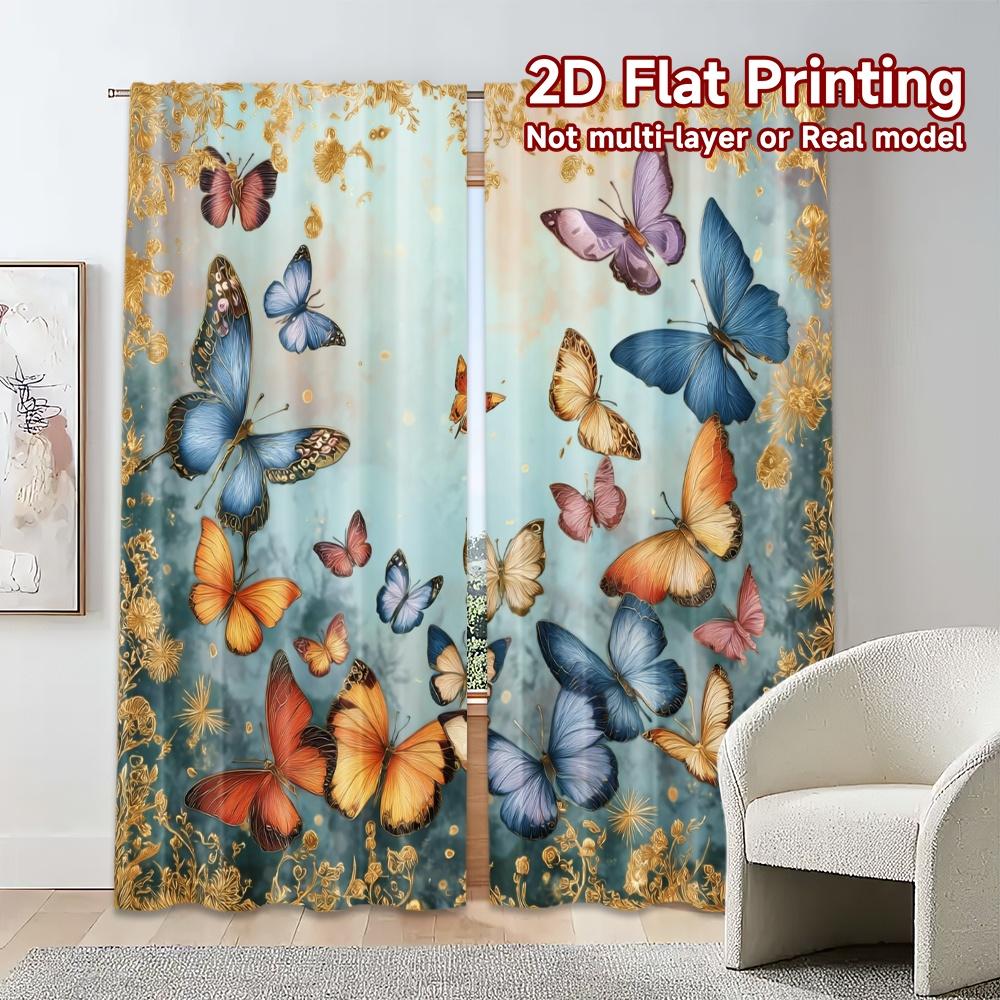 2pcs, 2D FLAT PRINTING Curtains (Without Rod) ButterflyDance Chic Light Filtering Curtains Durable Polyester Curtains Art Deco