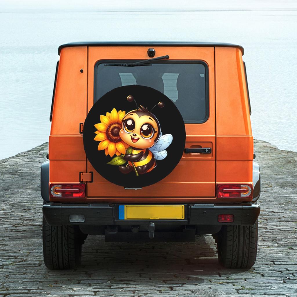 1pc Kawaii Bee With Sunflower Graphic Printed Car Tire Cover, Universal Stylish Spare Wheel Protector, Perfect Fit Easy Installa