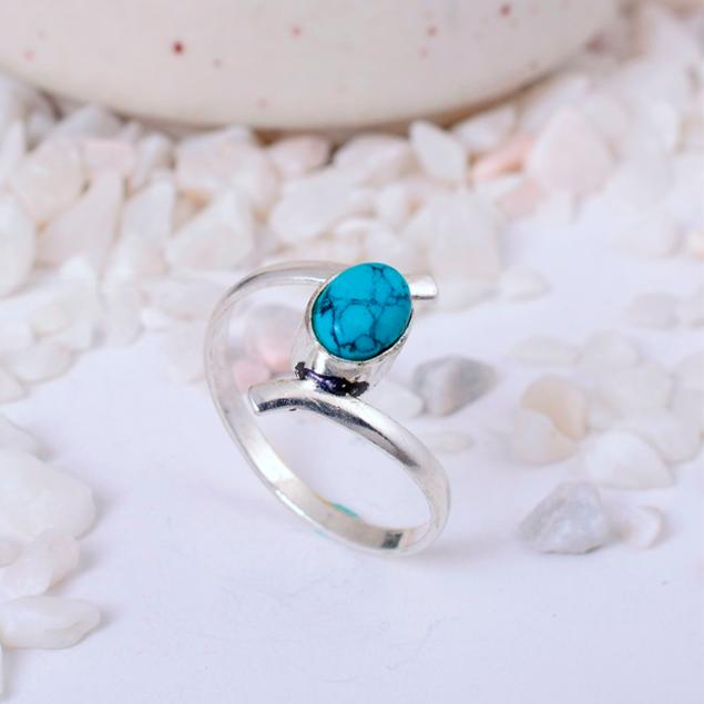 

Turquoise Stone Adjustable Wrap Ring | Sterling Silver Plated Brass Bohemian Jewelry for Women | Birthstone Gift 4 срібний
