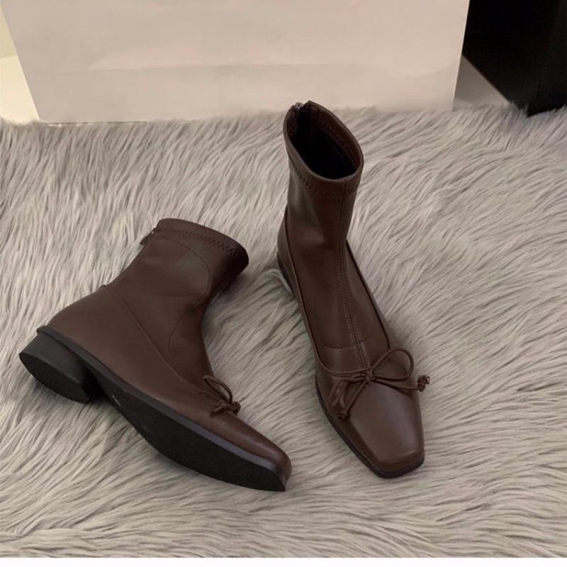 2025 Hot Sale Women's Shoes Back Zip Women's Boots Fashion Butterfly-knot Solid Modern Boots Women New Square Toe Ankle Boots