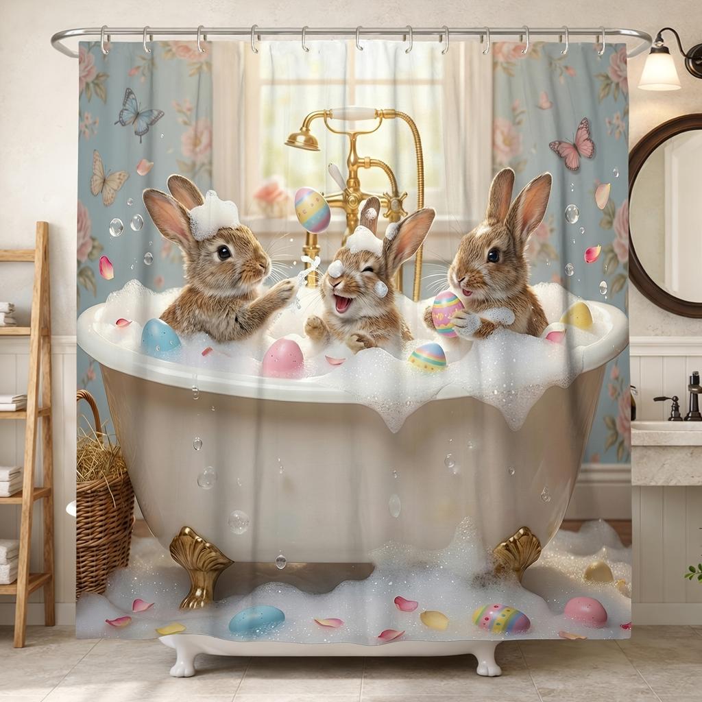 Cute Bunnies Taking Bath Shower Curtain Waterproof Easy To Clean Privacy Protection Print Fun Spring Art Design Durablematerials
