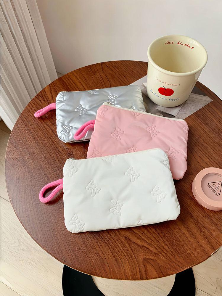 1PC autumn and winter bow silver gloss makeup bag small portable cute earphone data cable storage bag wallet