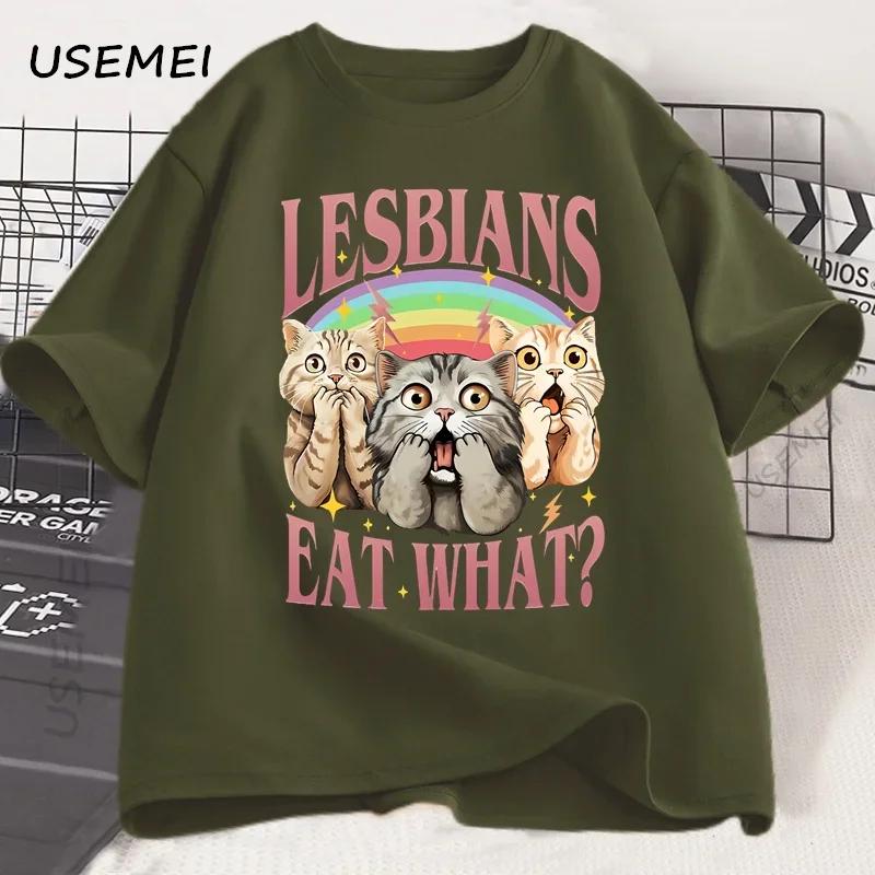Retro LGBT Eat What Cat Lesbian Pride Tshirt Funny Equal Rights Graphic Cat Tees Unisex Short Sleeve Cotton Tshirt Clothing