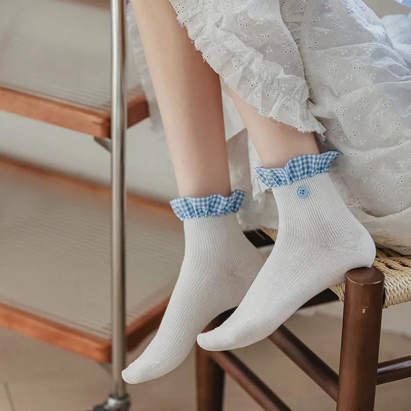 Plaid Ruffle Socks Women Japanese Fashion Black White Gray Short Socks Cotton Breathable Sweet Girl Lolita Kawaii Low Tube Socks