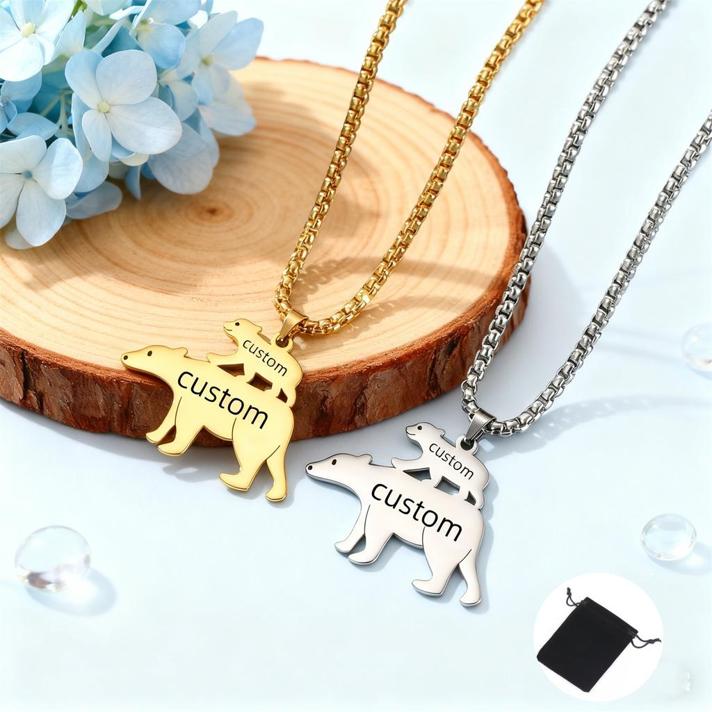Customized Name Text Date Size Polar Bear Necklace Stainless Steel Animal Polar Bear Sweater Chain Fashion Mother's Day Gift