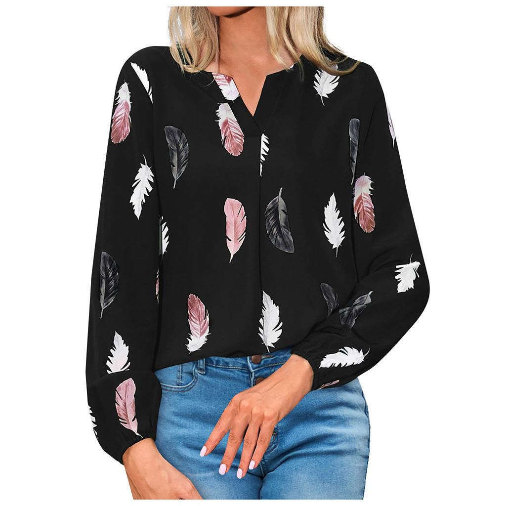 Women's Fashion Loose V-Neck Feather Print Long Sleeve Pullover Shirt Top