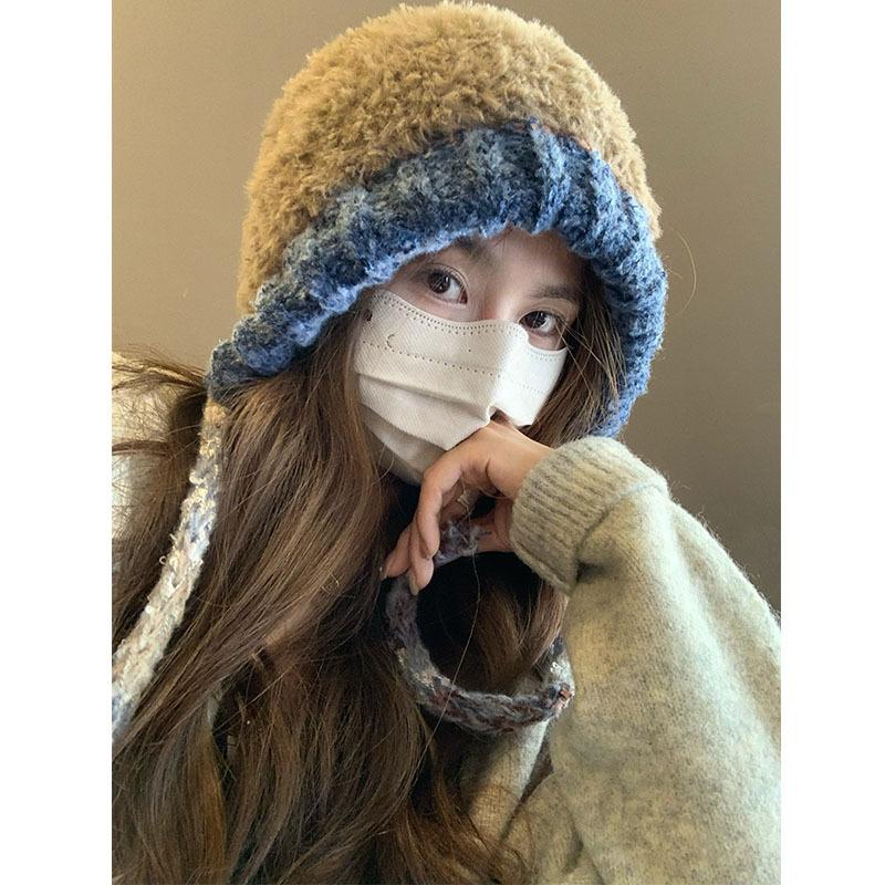 Large Head Circumference Plush Knitted Hat Women's Autumn and Winter Thickened Warm Ear Protection Woolen Hat Makes The Face Smaller