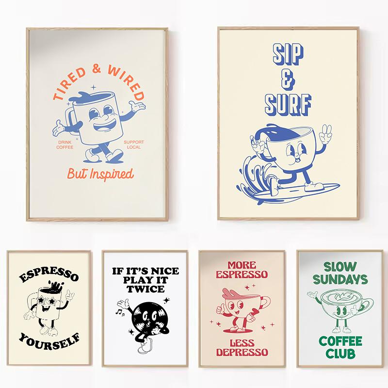 Tired and Wired Retro Coffee Canvas Print Funny Mascot Kitchen Wall Art Poster for Modern Living Room Bedroom Home Decor Gifts