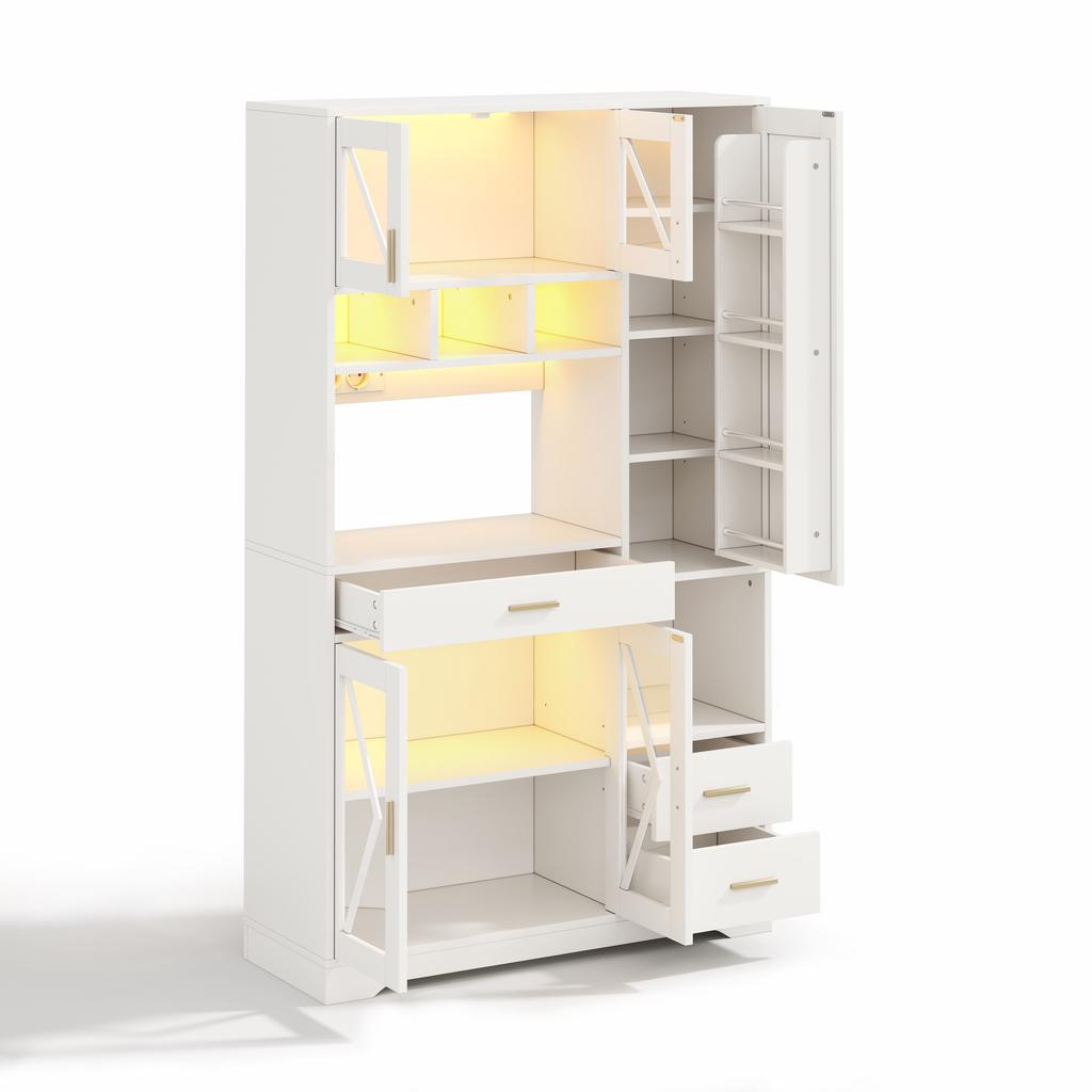 Kitchen Cabinet In Barn Style, Storage and Display Cabinet with Adjustable Shelves, Drawer, Color-Changing LED and Sockets, 185 × 105 × 40 Cm.
