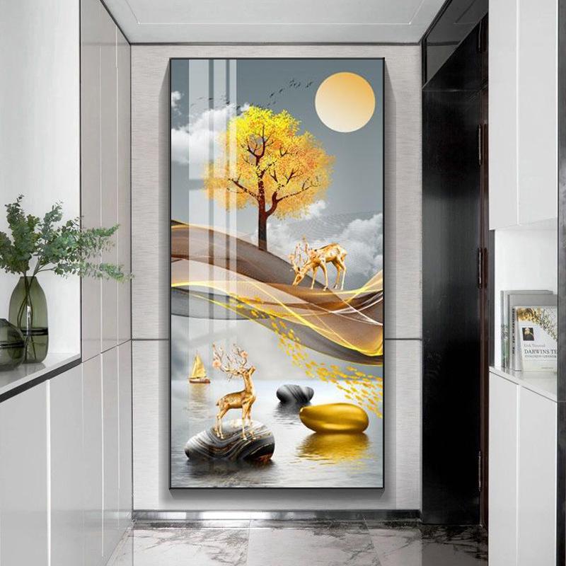 Modern Golden Rich Tree Canvas Painting Wall Art New Chinese Gold Deer Zen Stone Posters for Porch Wall Decoration Room Decor