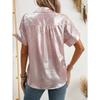 Women Lapel Short Sleeve Shirt Metallic Shiny Fabric Single Breasted Loose Vacation Casual Blouse