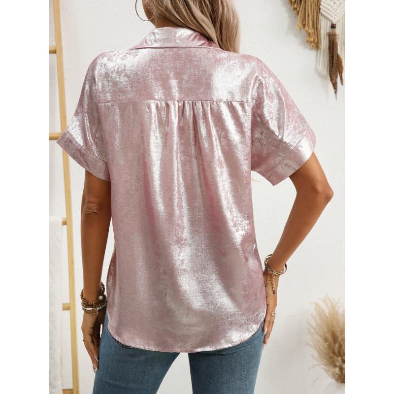 Women Lapel Short Sleeve Shirt Metallic Shiny Fabric Single Breasted Loose Vacation Casual Blouse