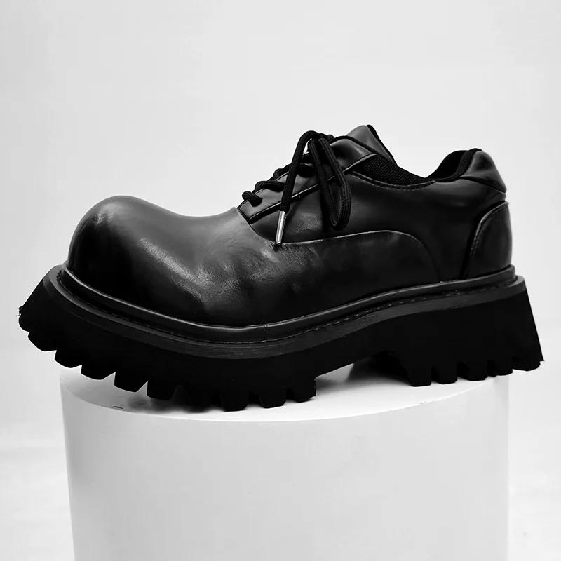 Round Toe Derby Men's women Thick Bottom Extra Height Black Leather Shoes High-Grade British Ins Big Head Shoes