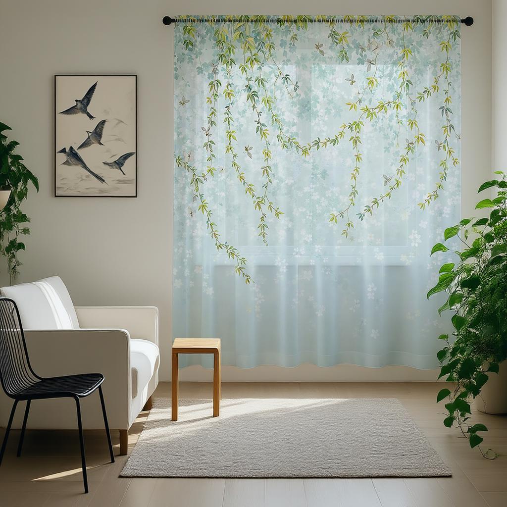 1 styck Färsk Växt Gradientfilter Ljus Halvtransparent Mörkläggande Stångficka Fönstergardin för Vardagsrum Sovrum
