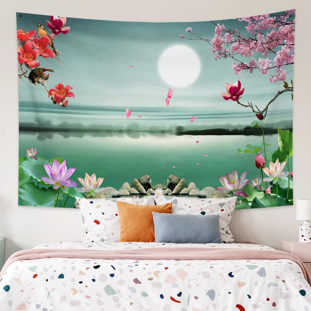 Lotus Forest Tapestry Bohemian Bedroom Waterfall Pattern Background Cloth Home Decor Living Room Wall Hanging Cloth
