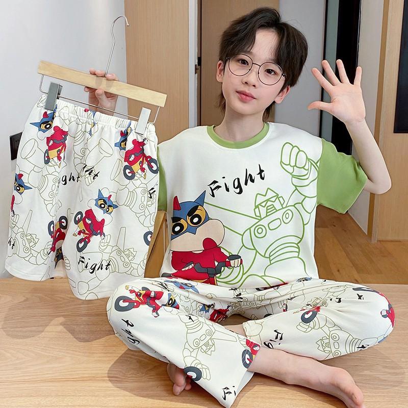 Cotton 3-Piece Pajama Set Boys Lightweight Short Sleeve Sleepwear Cartoon Print Home Wear Ages 8