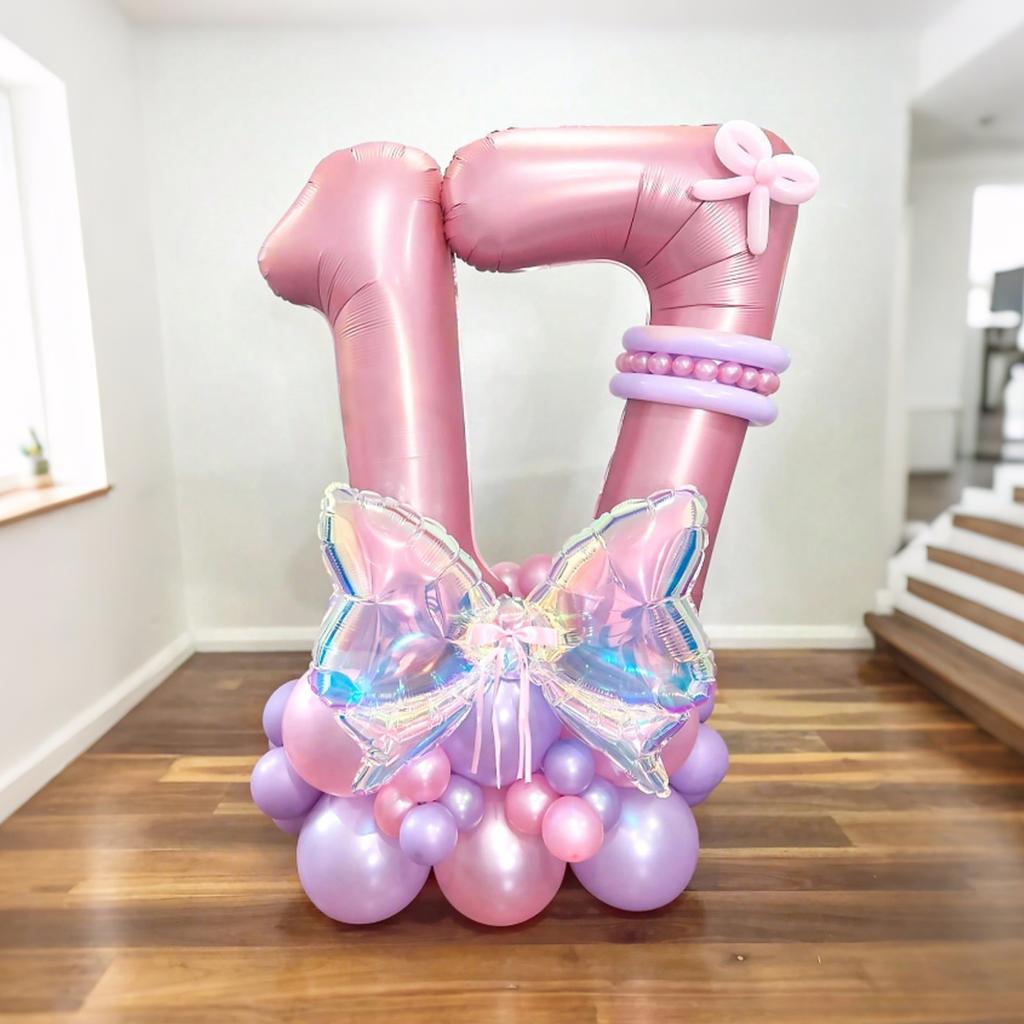 Rainbow Transparent Colorful Bow Balloon Set with 32 inch Pink Digital Balloon 0-9 for Anniversary Birthday Party Decoration