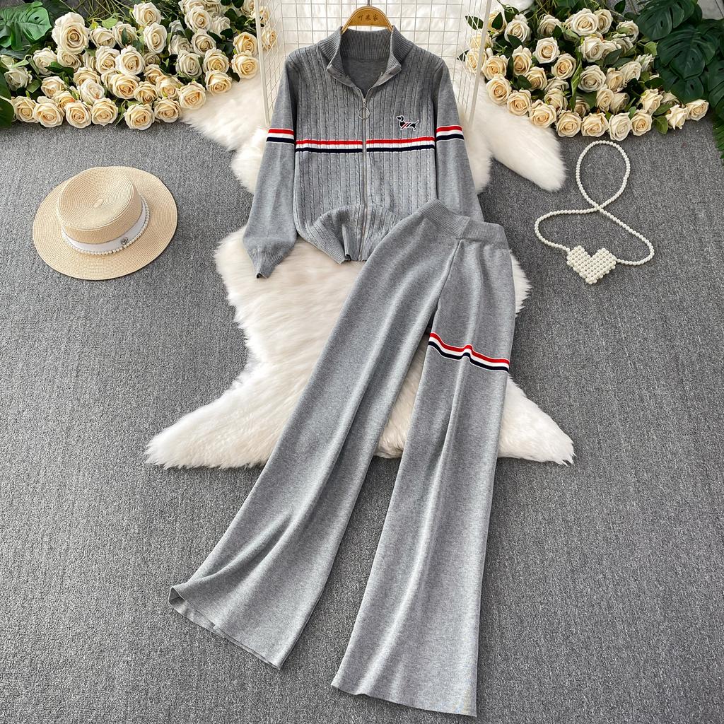 Faionable Knitted Embroidered Striped Set High Waist Wide Leg Pants Zipper Jaet for Women Autumn Season Casual Wear