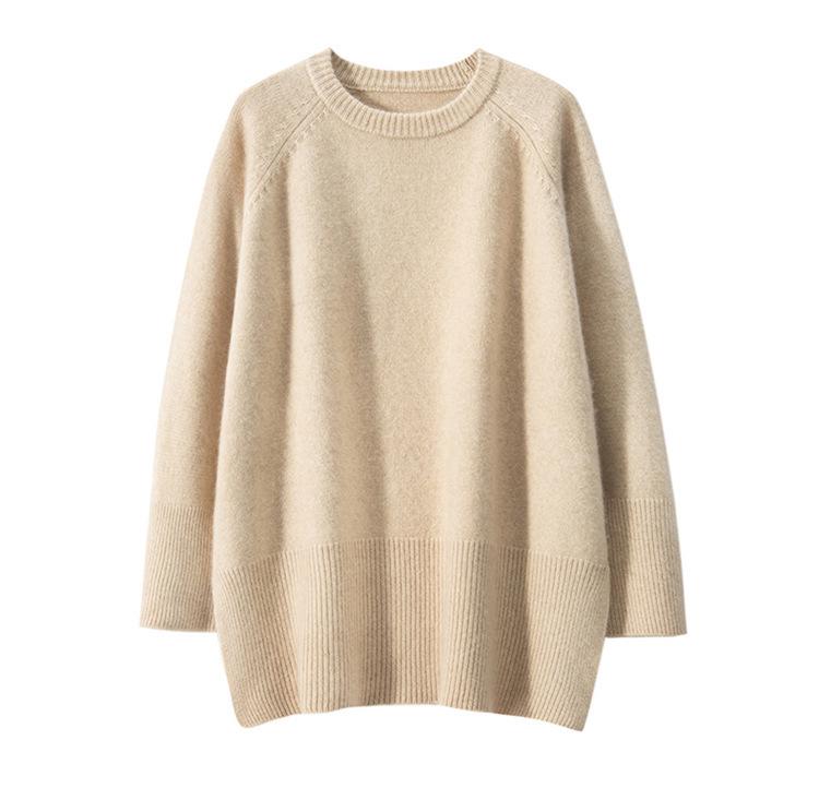 Women's Mid-Length 100% Pure Wool Sweater - Loose Fit, Slit Design, Lazy Style for Autumn and Winter.