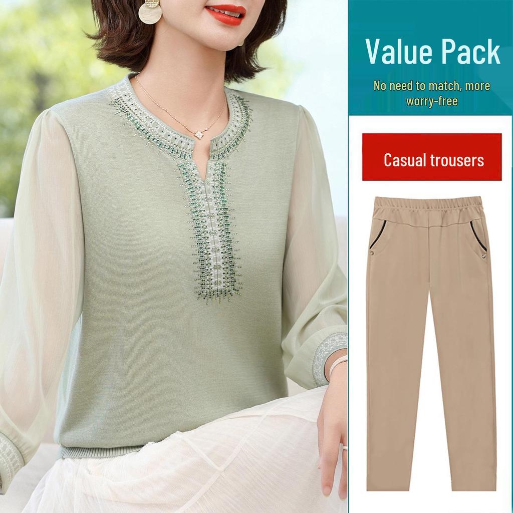 Schickes Herbst-Rundhals-Langarm-T-Shirt für Frauen mittleren Alters & ältere Frauen - Stilvolles Strickoberteil mit Gaze-Ärmeln