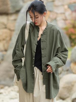 Frauen Chinesischen Stil Leinen Shirts Tops Stehen Langarm Blusen Frühling Einfarbig Taste Vintage Shirts