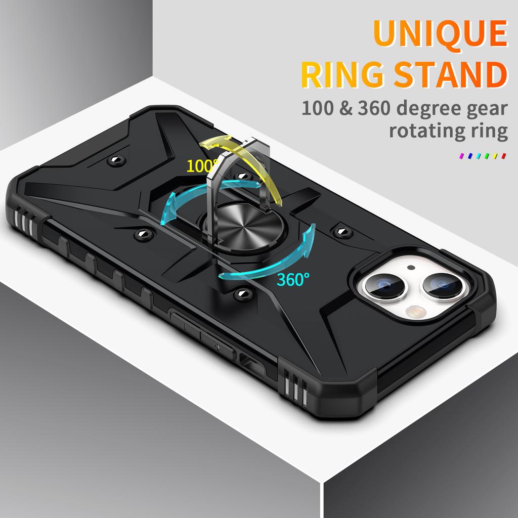 For iPhone 15 TPU+ PC Protective Phone Case Ring Holder Kickstand Back Cover