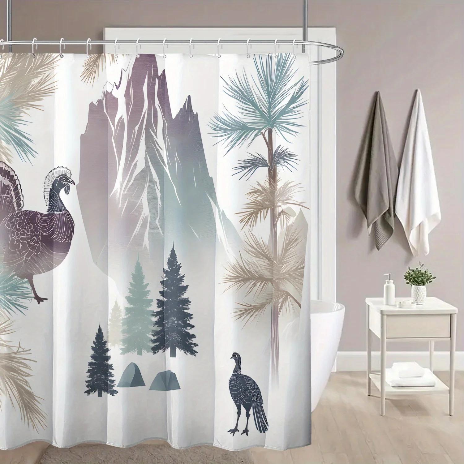 

Thanksgiving Mountain Turkey Shower Curtain Waterproof Polyester With Hook Bathroom Decoration Holiday Home Gift For Bathroom W60H190(CM)-1 Pcs