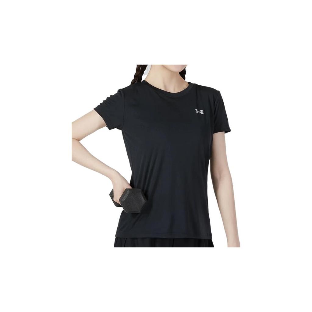 Under Armour Velocity Solid Crew Logo Print Compressão Manga Curta Camiseta Feminina Tops Preto 1298706-001