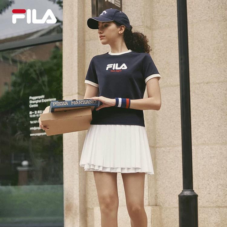 Fila Logo Print Color Block Tennis Casual Fashion Ribbed Crew Neck Short Sleeve T-Shirt Women Tops Legendary-Blue F11W339105FNV