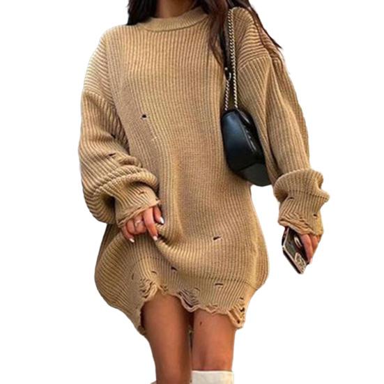 Women Sweater Three-Dimensional Tailoring Loose Fit Soft Knitted Sweater O-Neck Long Sleeve Ripped Holes Mid-length Tops