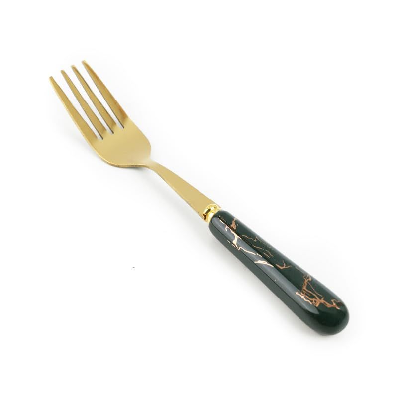 Stainless Steel Golden Small Fork Set for Home Kitchen Cutlery Dinner Table with Green Ceramic Handle Design Salads and Fruit Fork