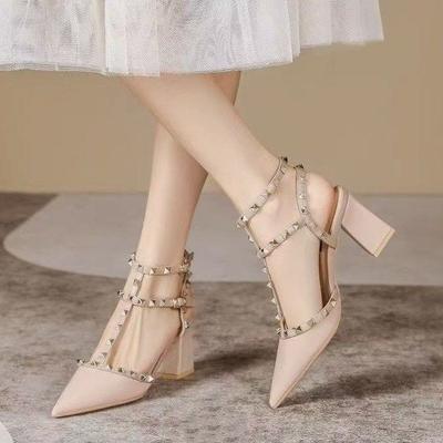 Temperament Style! Hollow Nude French Single Shoes 2025 Spring and Summer New Thick Heel Pointed High Heels Women's Rivet Sandals