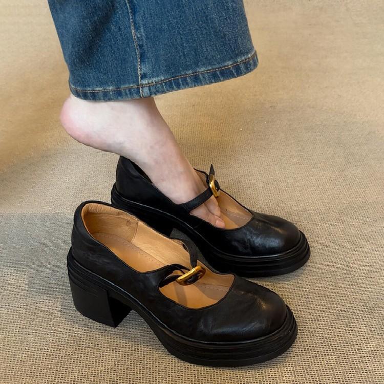 Sheepskin Version~ British Versatile Thick-soled Round-headed Small Leather Shoes for Women's Retro Shallow Mouth One-word Buckle Thick-heeled
