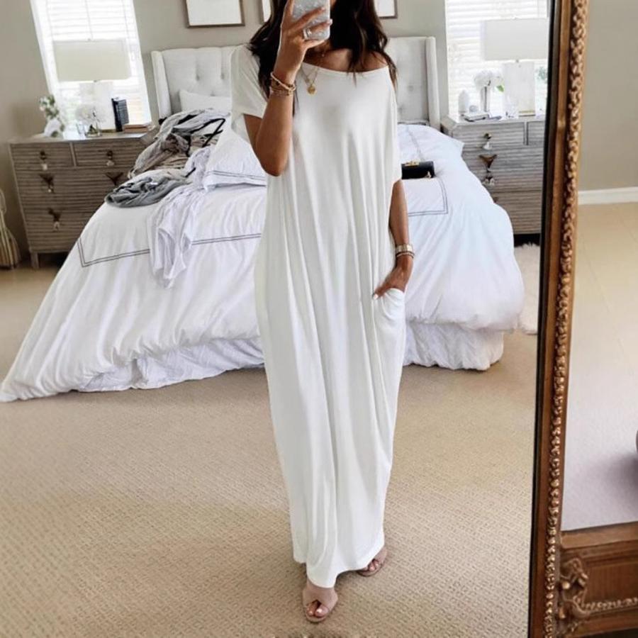 Sommer Neues Damen Einfarbiges Kurzarm Langes Lässiges Kleid