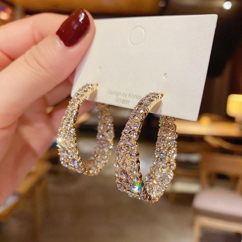 Exquisite Shiny Rhinestone Gold Color Circle Hoop Earrings For Women Temperament Personality Exaggerated Earring Fashion Jewelry