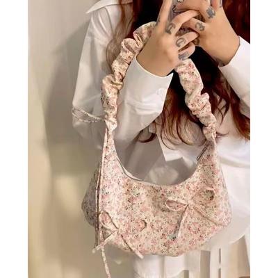 Floral Womens Shoulder Bag Elegant Cute Literary Sweet Fashi Handbag Pleated Bow Exquisite All-match Canvas Armpit Bag