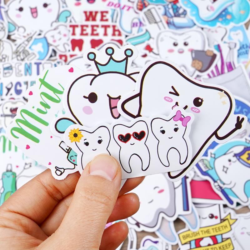 50Pcs Dental Cute Tooth Shaped Stickers Dentist Store Toothbrush Cartoon Decal Diy Wallstickers Decoration Teeth Sticker