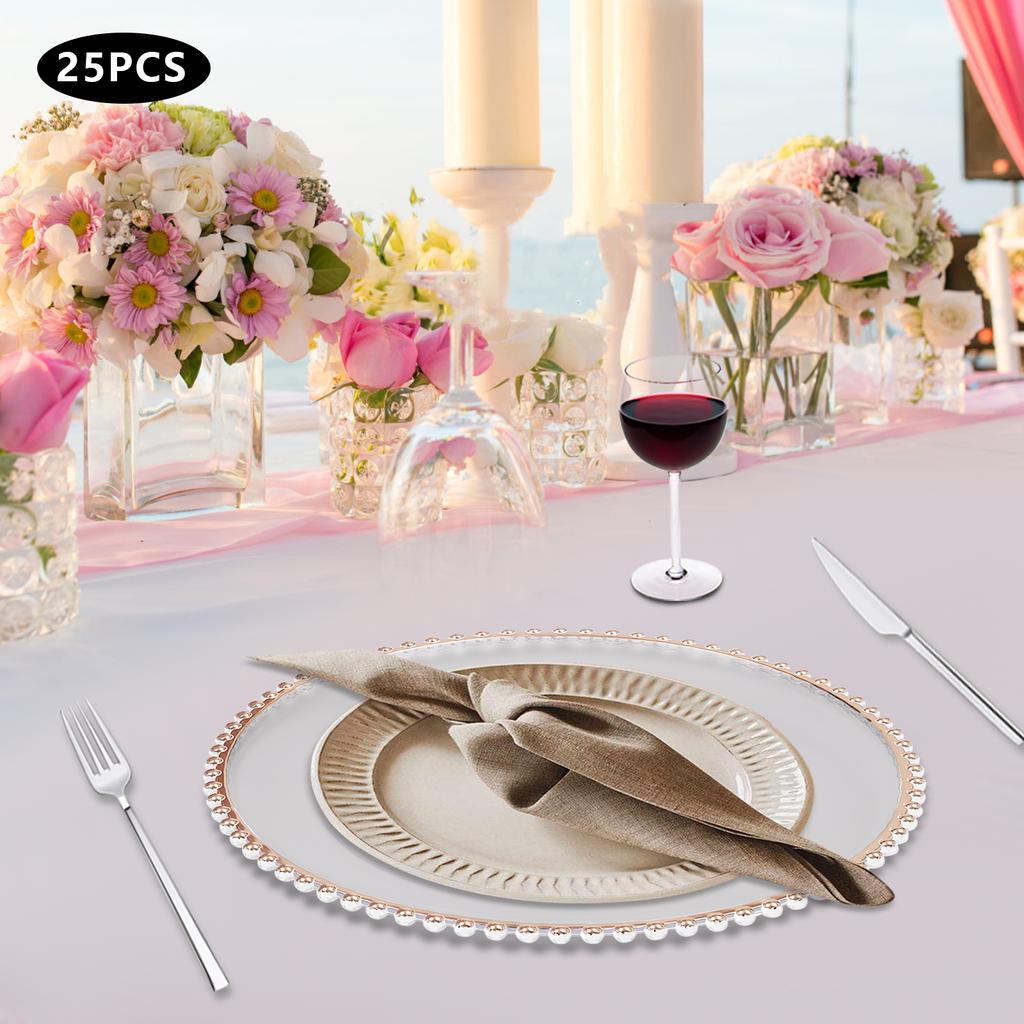 25-Pack Clear & Rose Gold Plastic Charger Plates, 32cm/12.6 Inch Round Dinner Plates, Bulk Elegant PS Hot Stamping Tableware