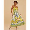 European Bohemian Vacation Style Floral Print Pleated Casual Neck Suspender Dress Women