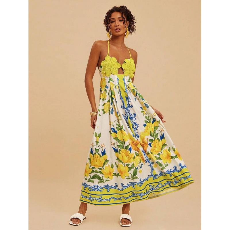 European Bohemian vacation style floral print pleated casual neck suspender dress women S жёлтый