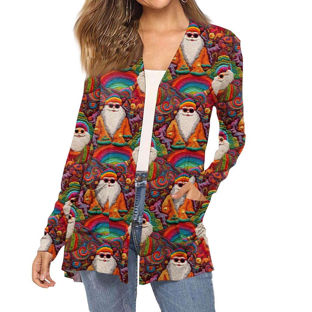 Dámský módní vánoční potisk dlouhý rukáv kapsy slim fit kardigan kabát