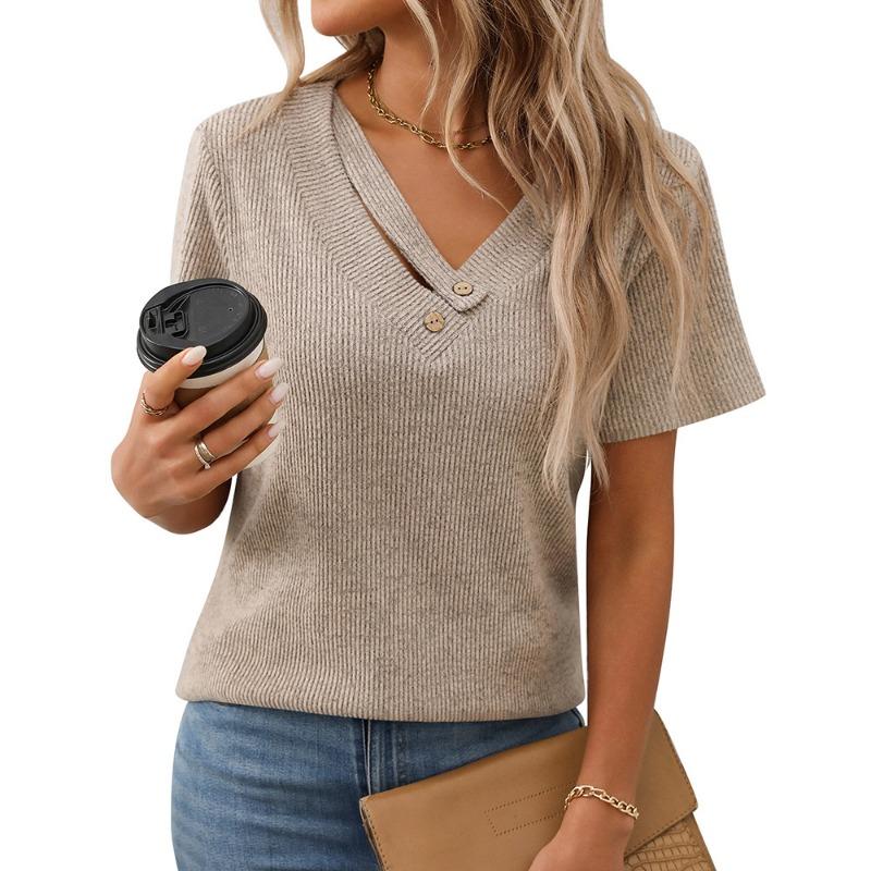 Summer Women's Knitted Corrugated V-neck Button T-shirt Short-sleeved Top