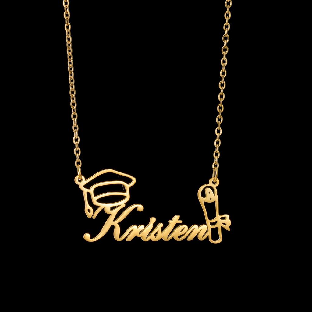 Atoztide Personalized Custom Name Necklace for Women Stainless Steel Bachelor's Hat Pendant Cuban Chain Graduation Jewelry Gift
