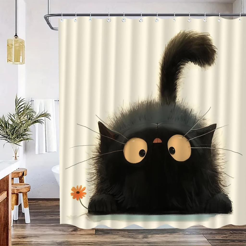 1 Elegant Black Cat Shower Curtain - Polyester Bathroom Decor With Artistic Fluffy Cat Pattern, Hook Included, Polyester Fabric