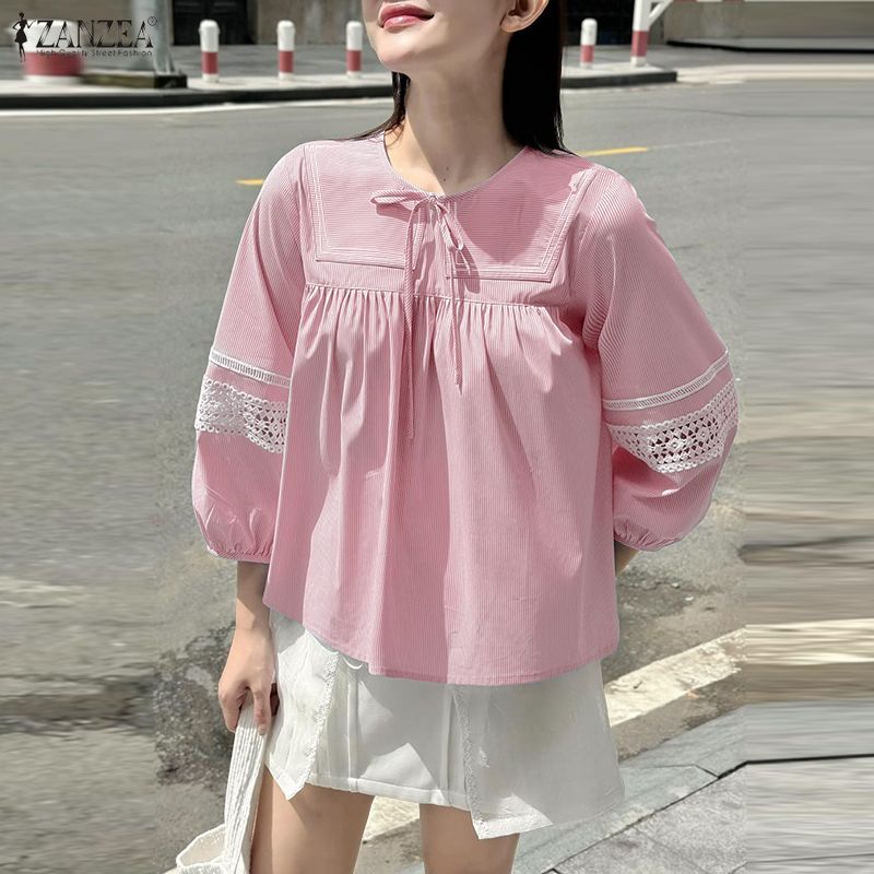 ZANZEA Women Casual Round Neck Loose 3/4 Sleeve Stripe Blouse