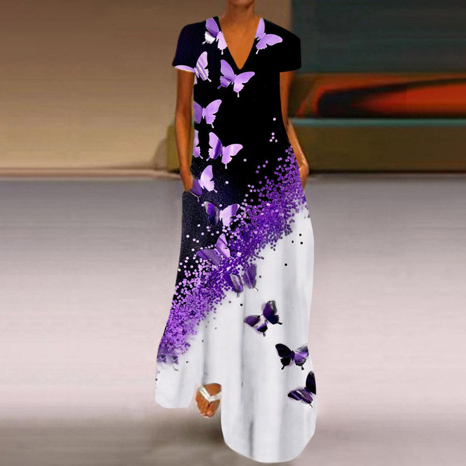 Women s Fashion New Summer Butterfly Positioning Print V-neck Short Sleeve Dress L фиолетовый