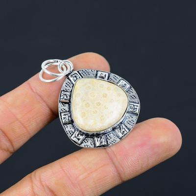 Daughters Day Sale Natural Fossil Coral Engagement Bezel Wife Pendant 925 Silver