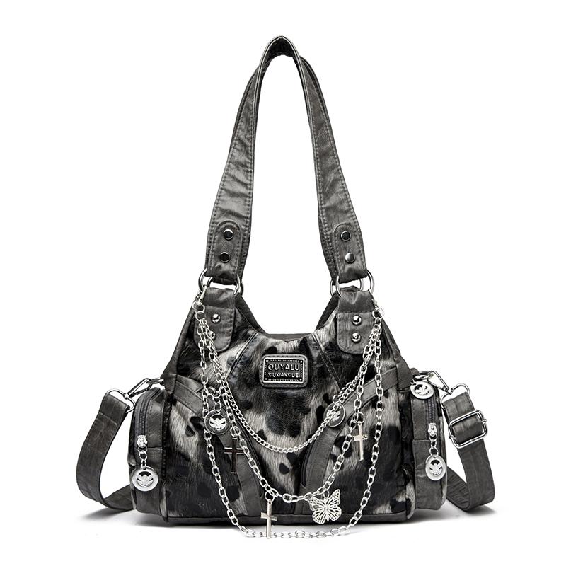 Women Y2K Leopard Print Faux Leather Shoulder Bag, Gothic Chain Butterfly Crossbody Handbag, Large Capacity Multi Pocket Punk Style Daily Travel Tote